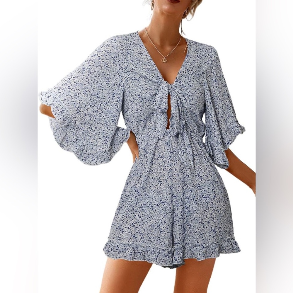 Light Blue Floral Tie-Front Romper - Women